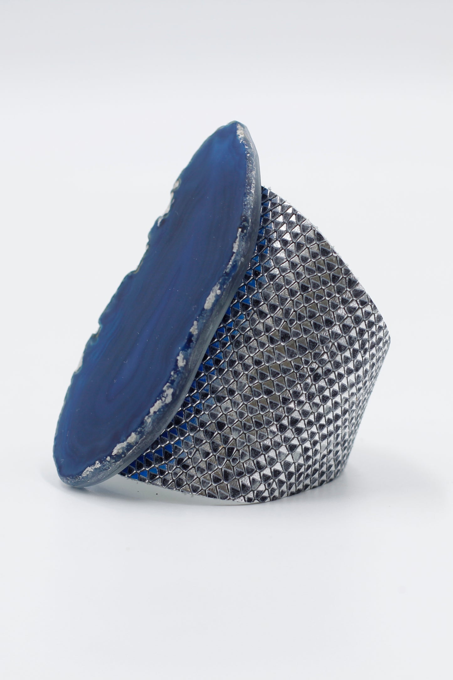 pulsera ancha piel plata celeste ágata azul