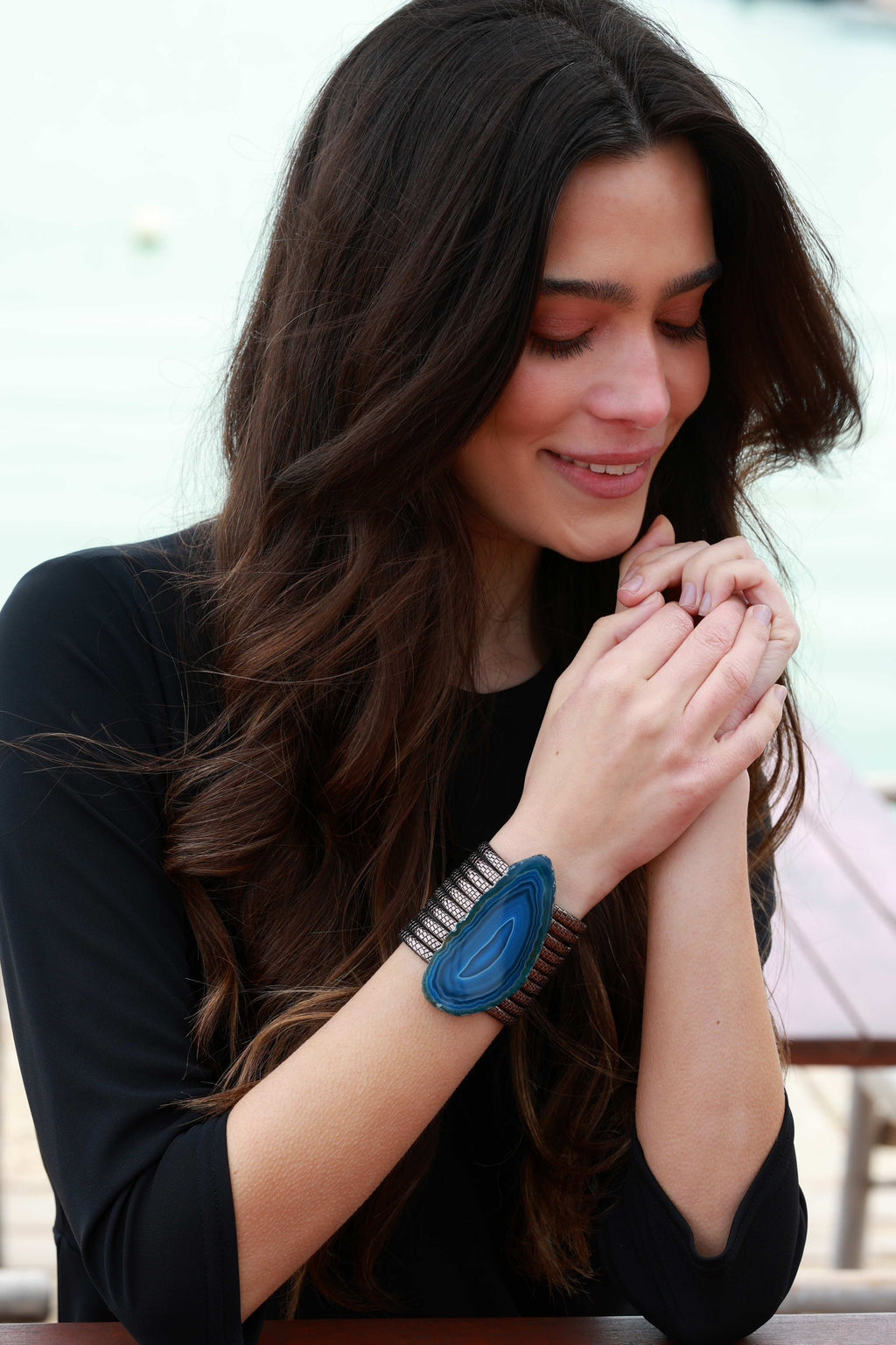 Pulsera Nía Grabado Plomo Ágata Azul